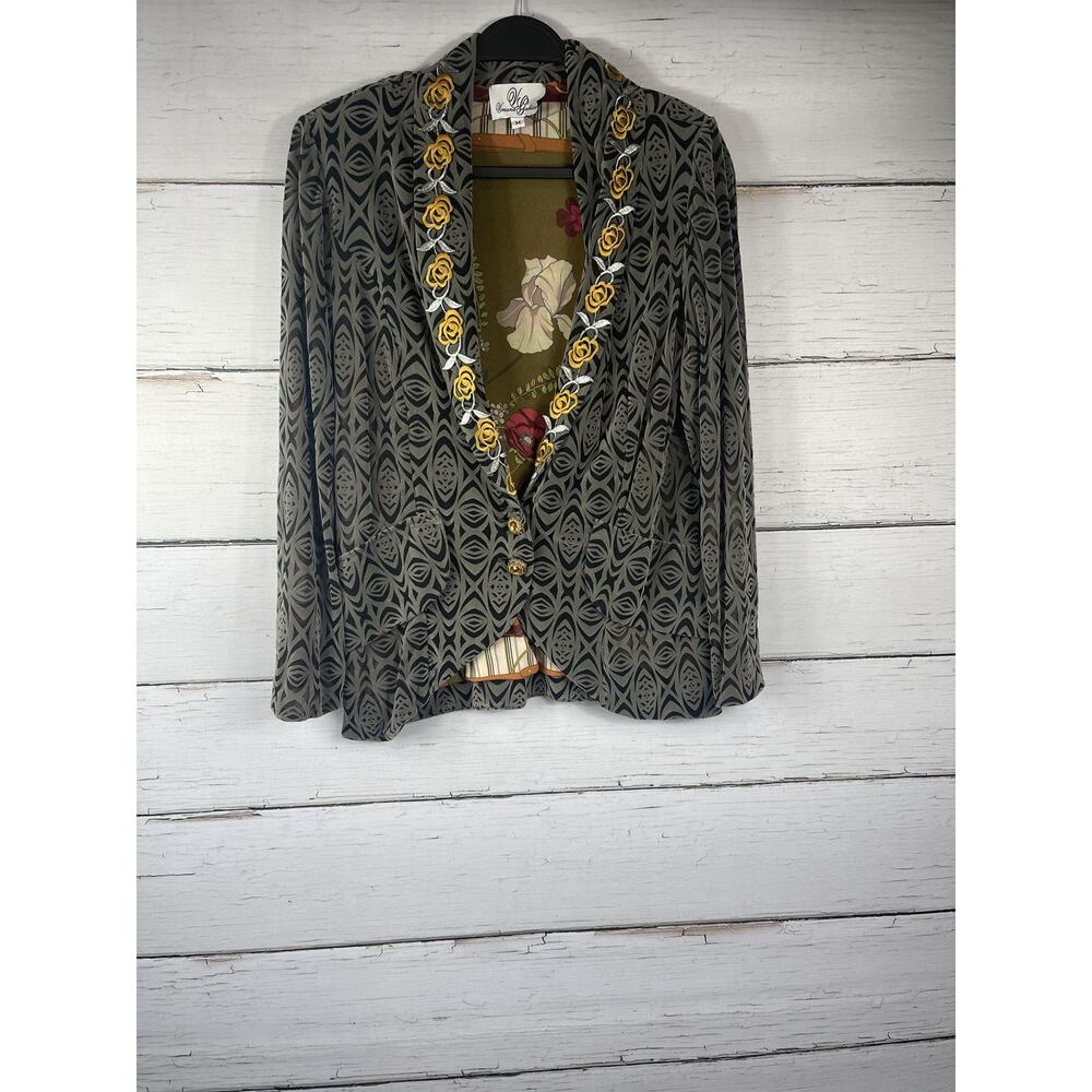 Viviana Gabeiras Blazer Womens M Gray Geometric Embroidered Floral Lined Jacket